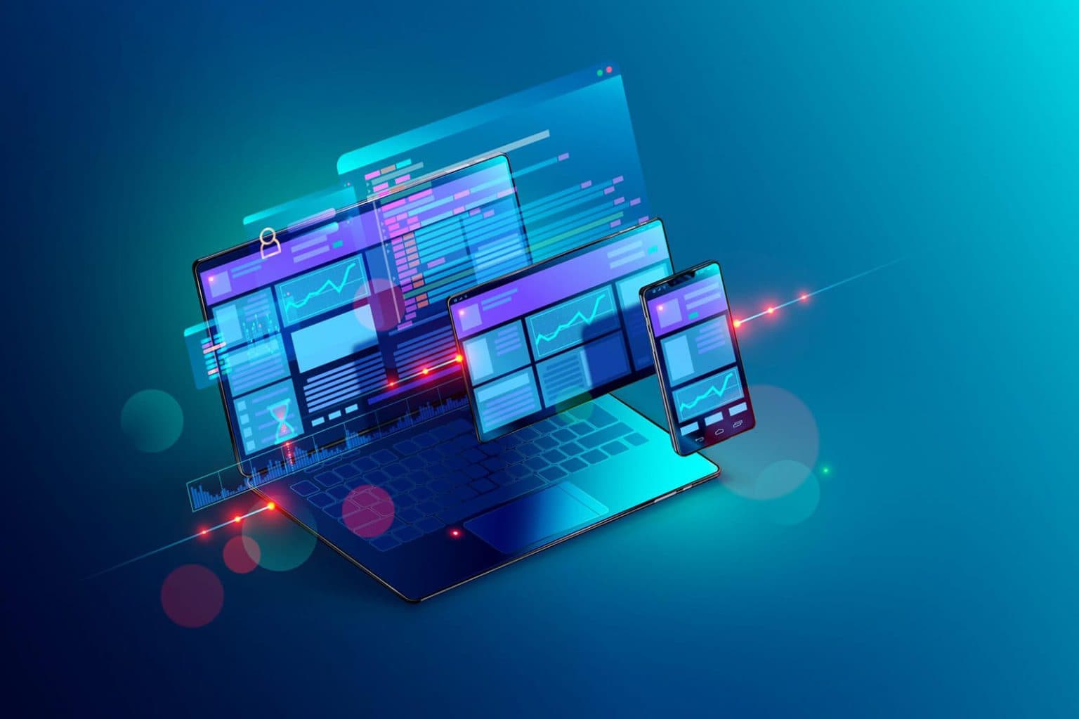 Illustration of a website layout shown across a laptop, a tablet and a phone