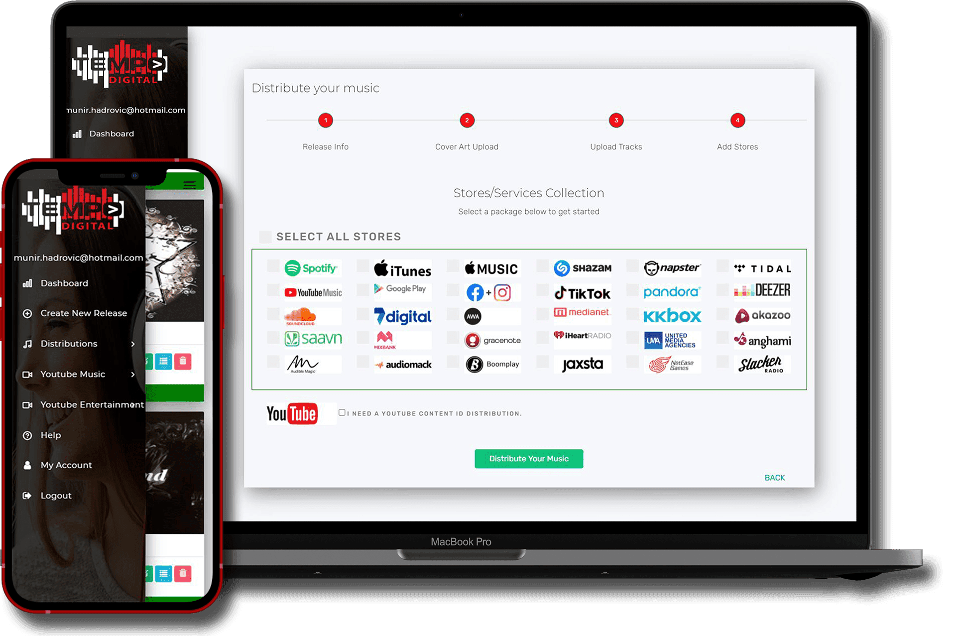 The TempoDigital release dashboard shown on a laptop